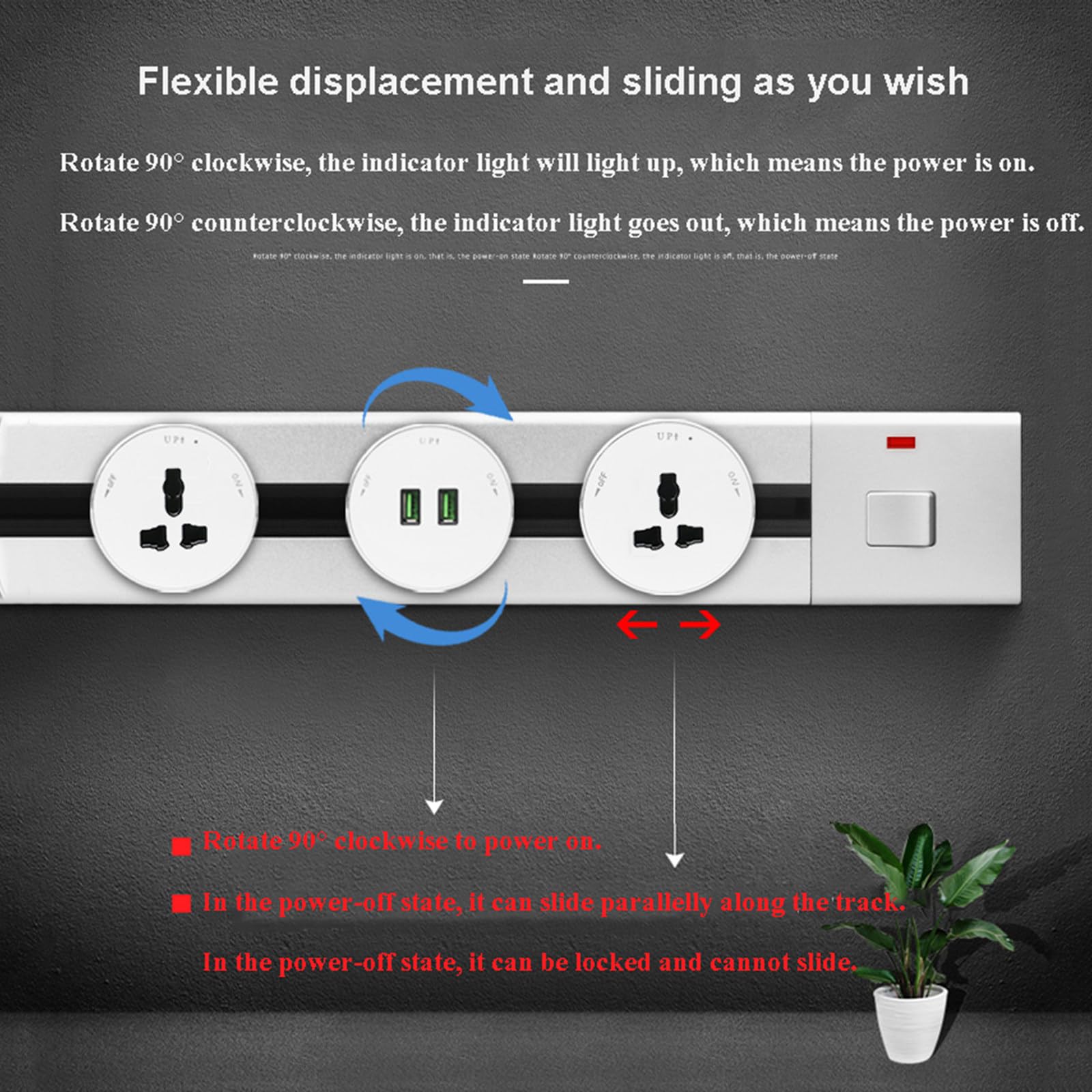 Presa da binario mobile con interruttore, installazione su binario ad alta potenza da 6000 W senza foratura, adatta per cucina/soggiorno/ufficio,Black-40cm