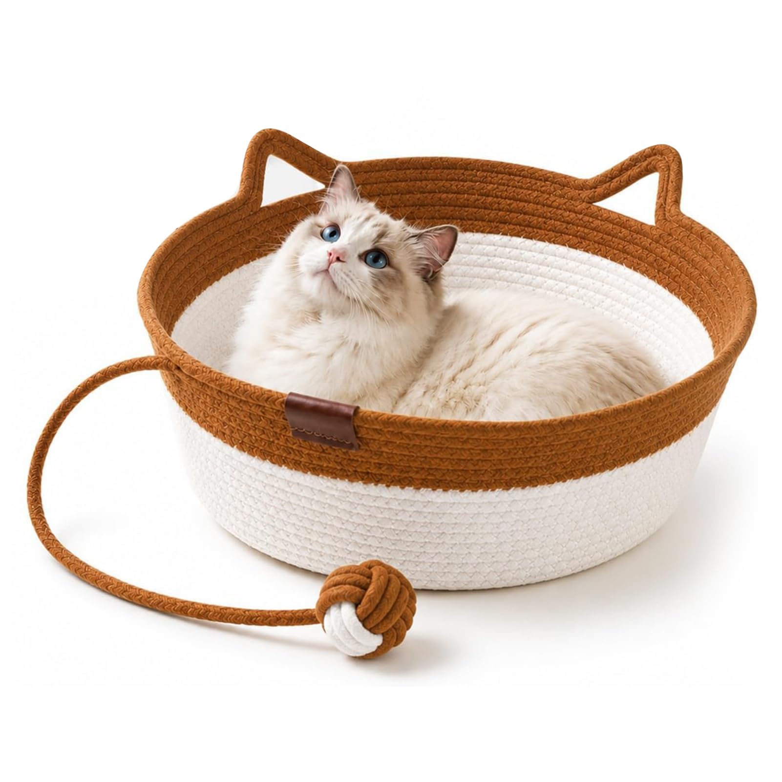 Stimuli Handwoven Cat Basket Instinct Basket for Cats, Scratchable Cat Lounger Basket with Hanging Ball Toy, Cotton Rope Woven Cat Bed Basket for Sleeping, Playing, Pet Bed for Indoor Cats，Brown：M