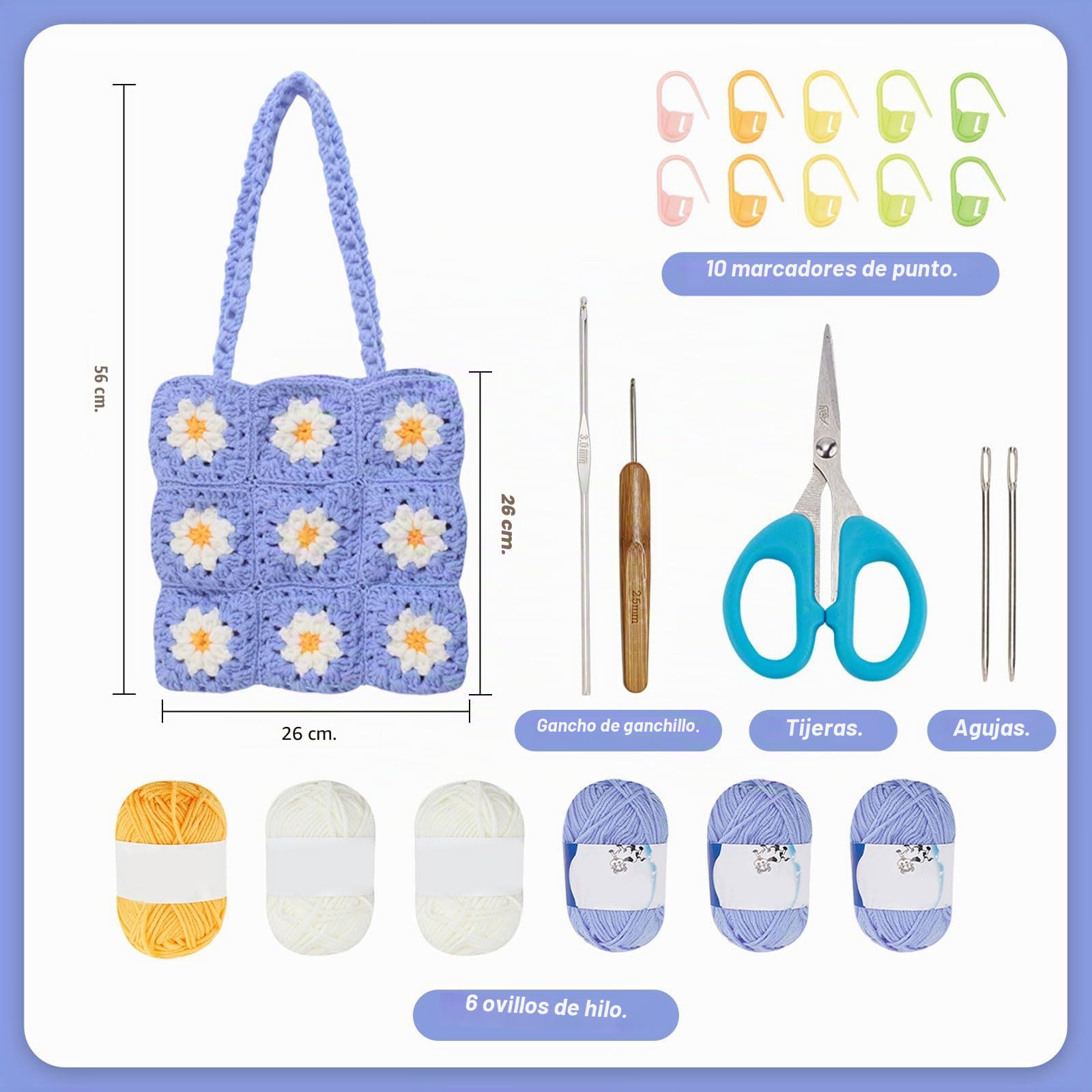 ORIGACH Juego de bolsas de crochet para principiantes, diseño de margaritas y cuadrados granny, accesorios con instrucciones y vídeo