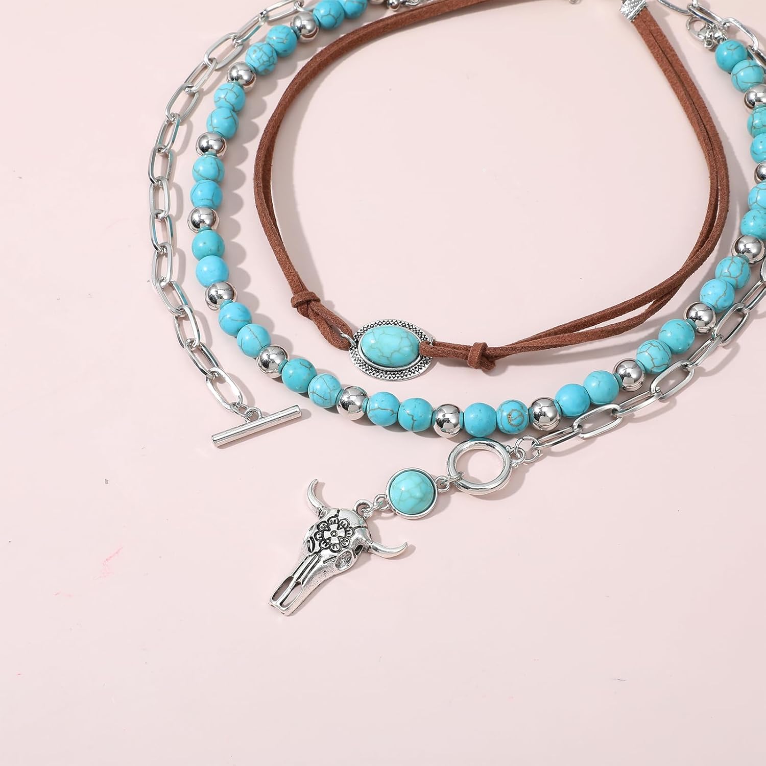 3 Pcs Layered Western Necklaces for Women Stackable Choker Green Trendy Cowboy Pendant Necklace Country Concert Jewelry Western Outfit Halloween Party Layered Statement Necklace for Cowgirl - Image 3