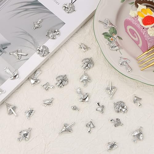 Miniatura 4 de Cuentas colgantes de hongo, 70 dijes de aleación de hongos plateados, suministros para manualidades, dijes para joyas y manualidades