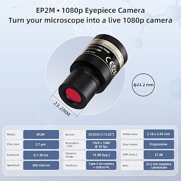 SWIFT EP2M 2-MP 1080p Digital Eyepiece Microscope Camera, fits 23.2 mm eyepieces & Most trinocular phototubes, S-Viewer for Measuring & Annotation, Compatible with Windows 711 & macOS