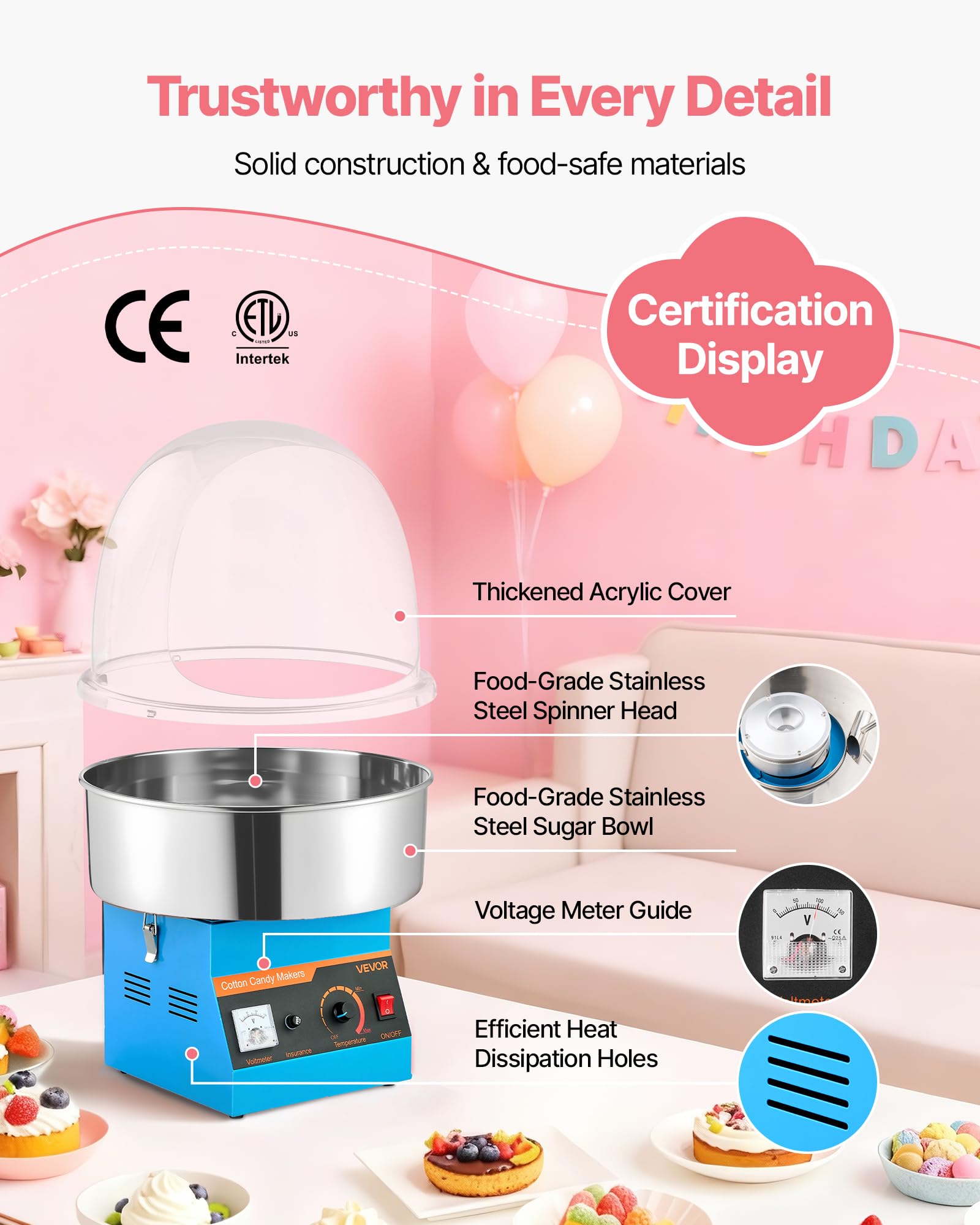 VEVOR Elektrische Zuckerwattemaschine 1000 W, Zuckerwattenmacher mit Edelstahlschüssel, Blau