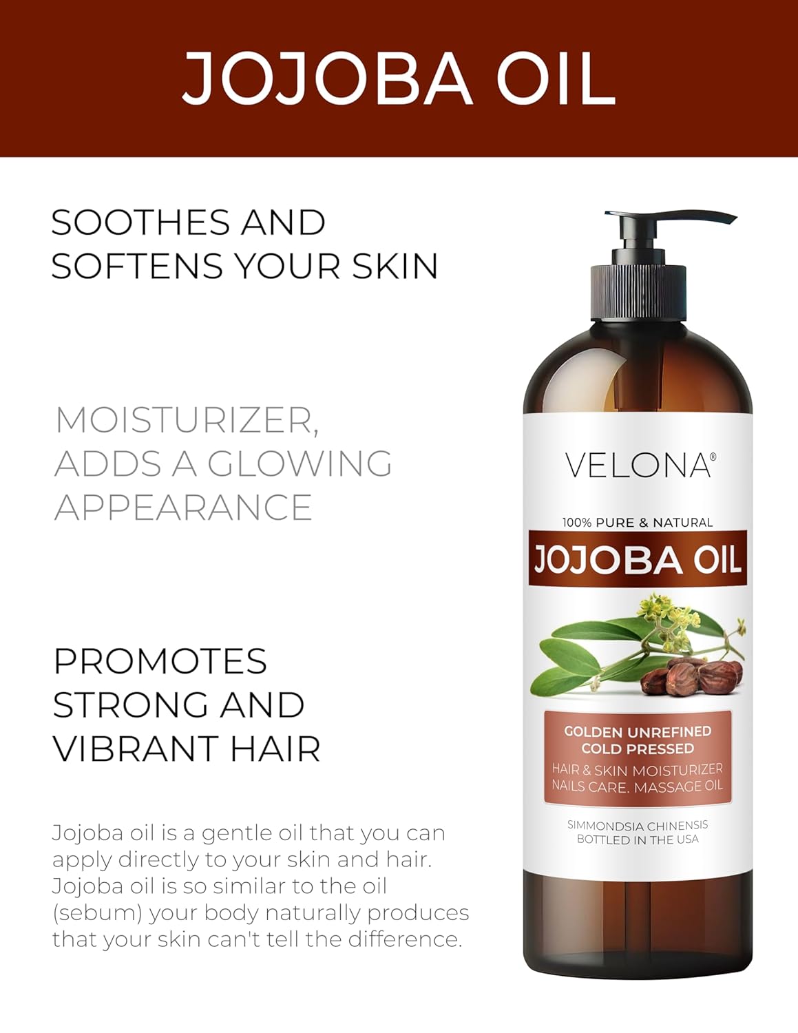 Jojoba Oil - 16 fl oz (with Pump) | 100% Pure and Natural | Golden, Unrefined, Cold Pressed, Hexane Free | Moisturizing Face, Hair, Body, Skin Care - Image 2