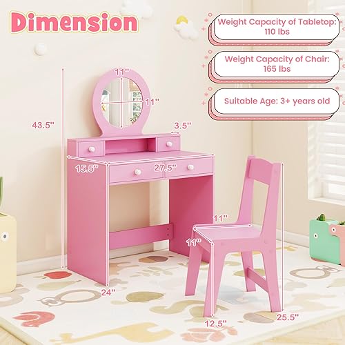 Miniatura 6 de HONEY JOY Vanity - Juego de tocador para niñas pequeñas con espejo y taburete, cajones, tocador de maquillaje para niños pequeños, juego de mesa de