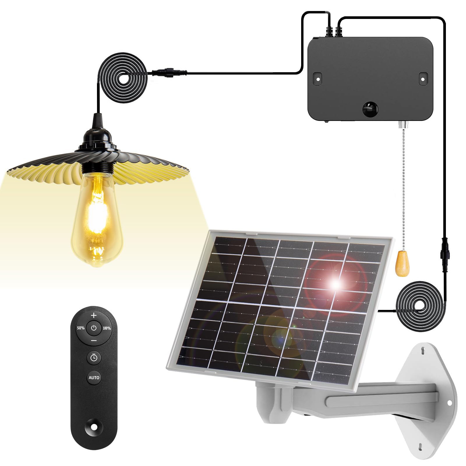 Lampe Solaire Exterieur, Intérieur Eclairage Exterieur Solaire avec Télécommande 10M, Recharge USB 5200mAh Capacité de la Batterie, IP65 étanche, pour Jardin Pergola Chemins Garage (1 Lumière)
