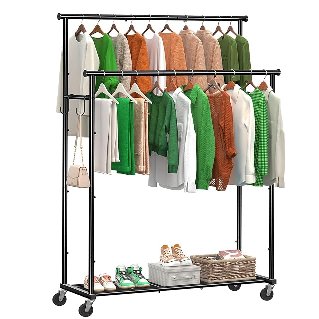 Double Rods Clothes Rack with Wheels Load 400 LBS 45 Inch Rolling Clothing Rack for Hanging Clothes Heavy