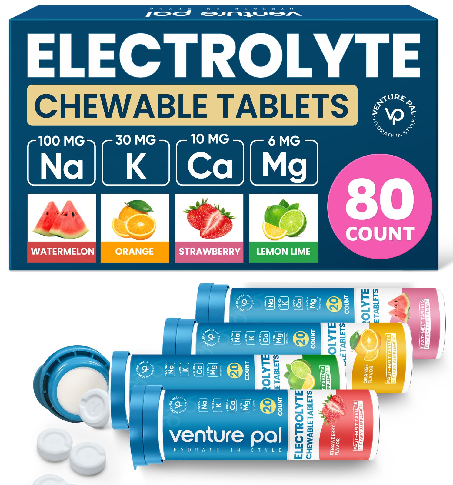 Venture Pal Chewable Electrolyte Tablets, 80 Count Fast-Dissolve Sugar-Free Stick Salt Tablets,Gluten Free – Variety Pack for Rapid Hydration, Outdoor Running, Hiking | Keto & Vegan Friendly | 4 Pack