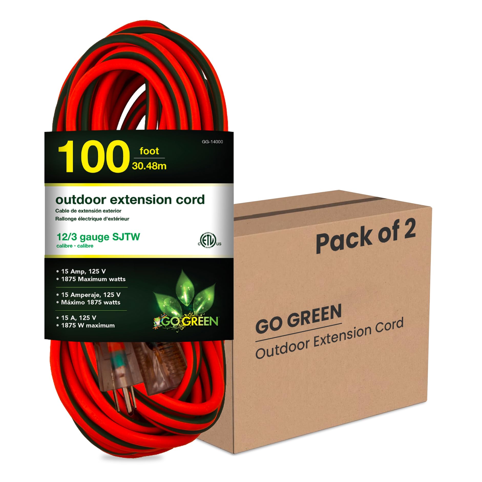 Go Green Power Inc.(GG-14000-M) 12/3 SJTW Outdoor Extension Cord, Lighted End, Orange, 100 ft, 2 Pack