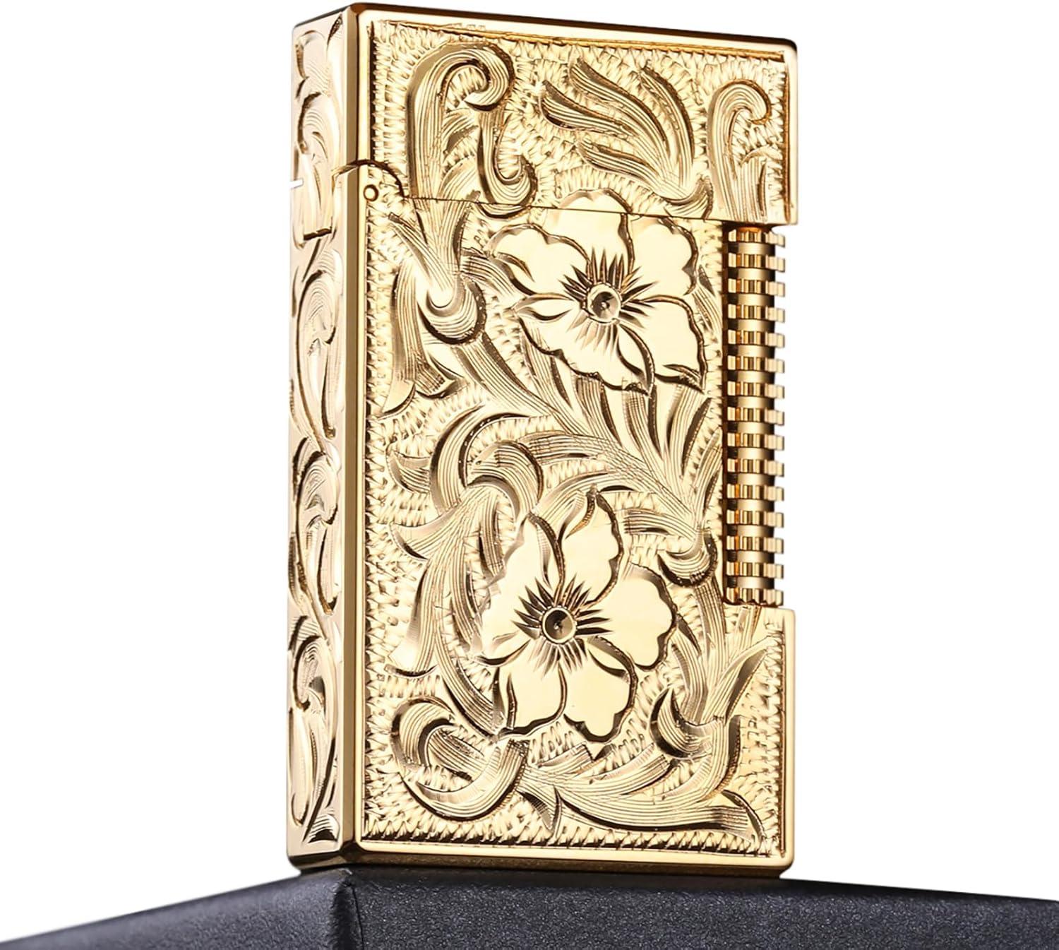 JIANCHEN Classic Antique Lighter, Butane Hand Carved Brass Side Slide Lgnition Steel Tone Trench Lighter for Men Dad Husband Collect,Gold