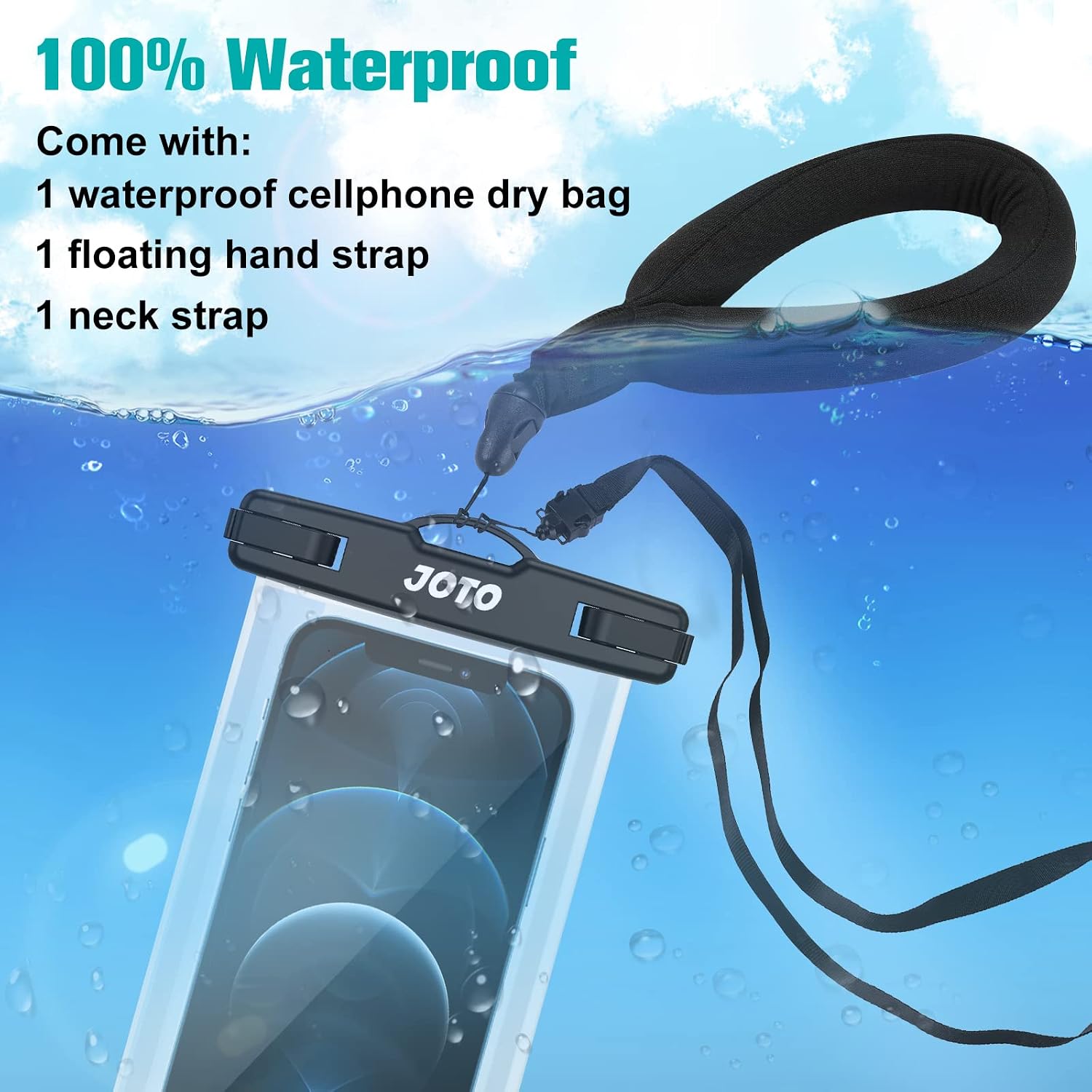 JOTO 1 Universal Waterproof Pouch + 1 Floating Wrist Strap for Camera iPhone 14 Plus 14 Pro Max iPhone 13 Pro Max Mini 12 11 Pro Max Xs Max XR X 8 7 6S Plus SE Galaxy S20 Ultra S10 up to 7" –Black