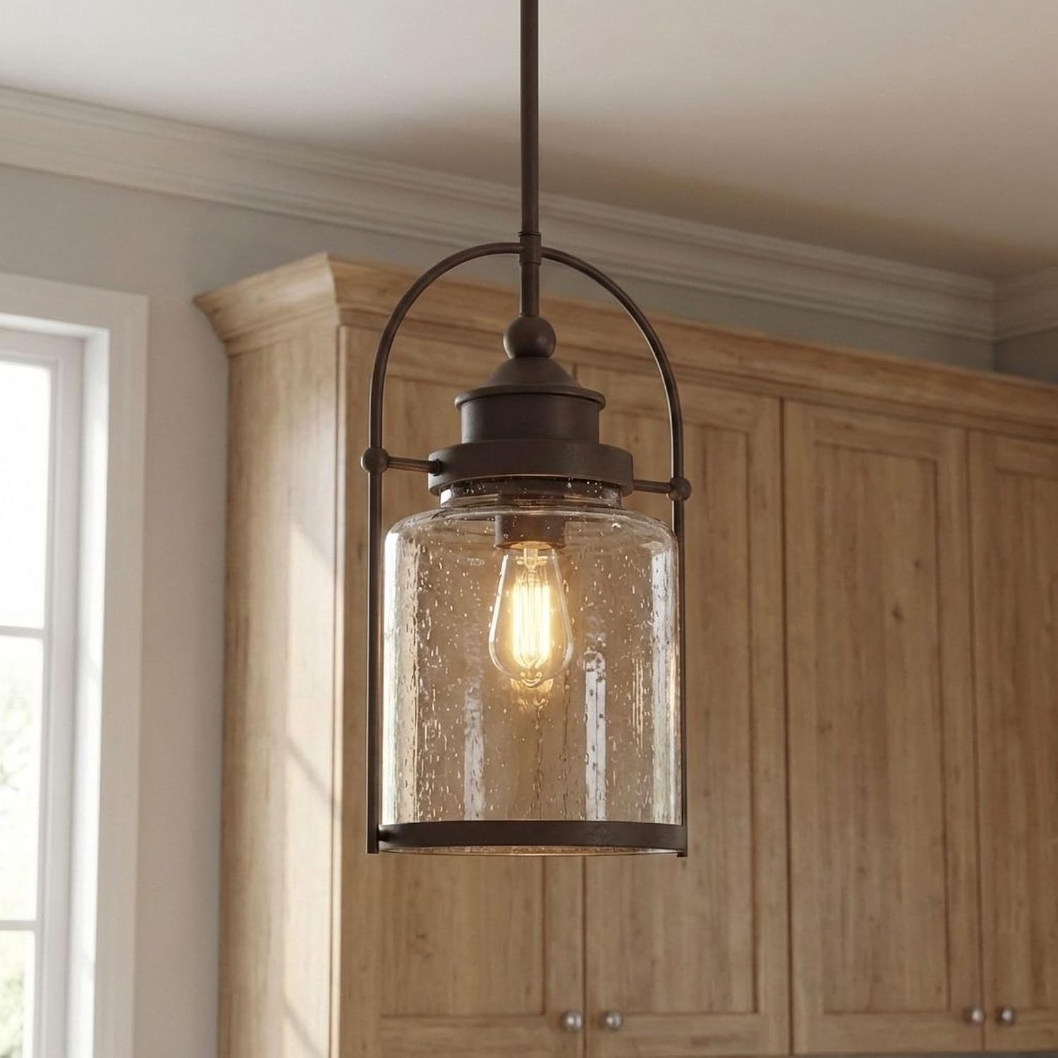 Quoizel Payson Mini Pendant Light, 10 Inch 1-Light Western Bronze, Clear Seeded Glass Pendant Light, Max Hanging Height 59", Ceiling Light for Kitchen Island, Dining, Hallway, Bar or Office