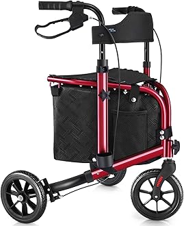 WALK MATE 3 Wheel Rollator Walker with Seat for Slim Seniors, Padded Backrest Lightweight Foldable Walker Ideal for Elderly, 8 Inch Tri-Wheel Modern Mobility Walking Aid Aluminum, Red