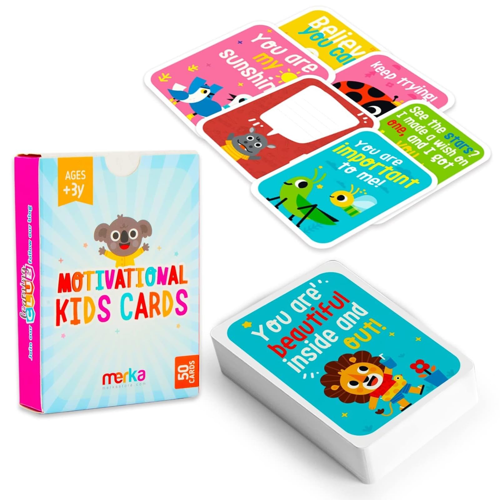 Merka Set of 50 Affirmation Cards for Kids, Note Card with Daily Motivational Quotes to Create Positivity - Lunch Notes for Kids
