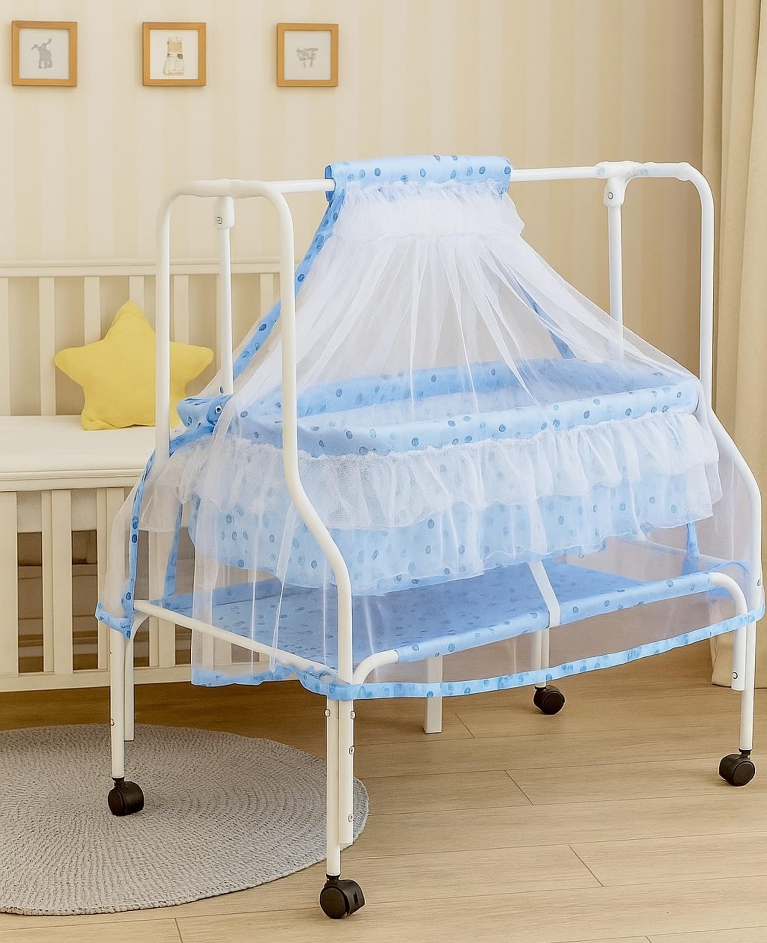 Amazon Brand - Supples Baby Cradle with Swing & Mosquito Net |0-8 Months | Four Wheels with Brake | Swing Lock & Storage | Sturdy & Safe | Polypropylene/Mild Steel | Blue