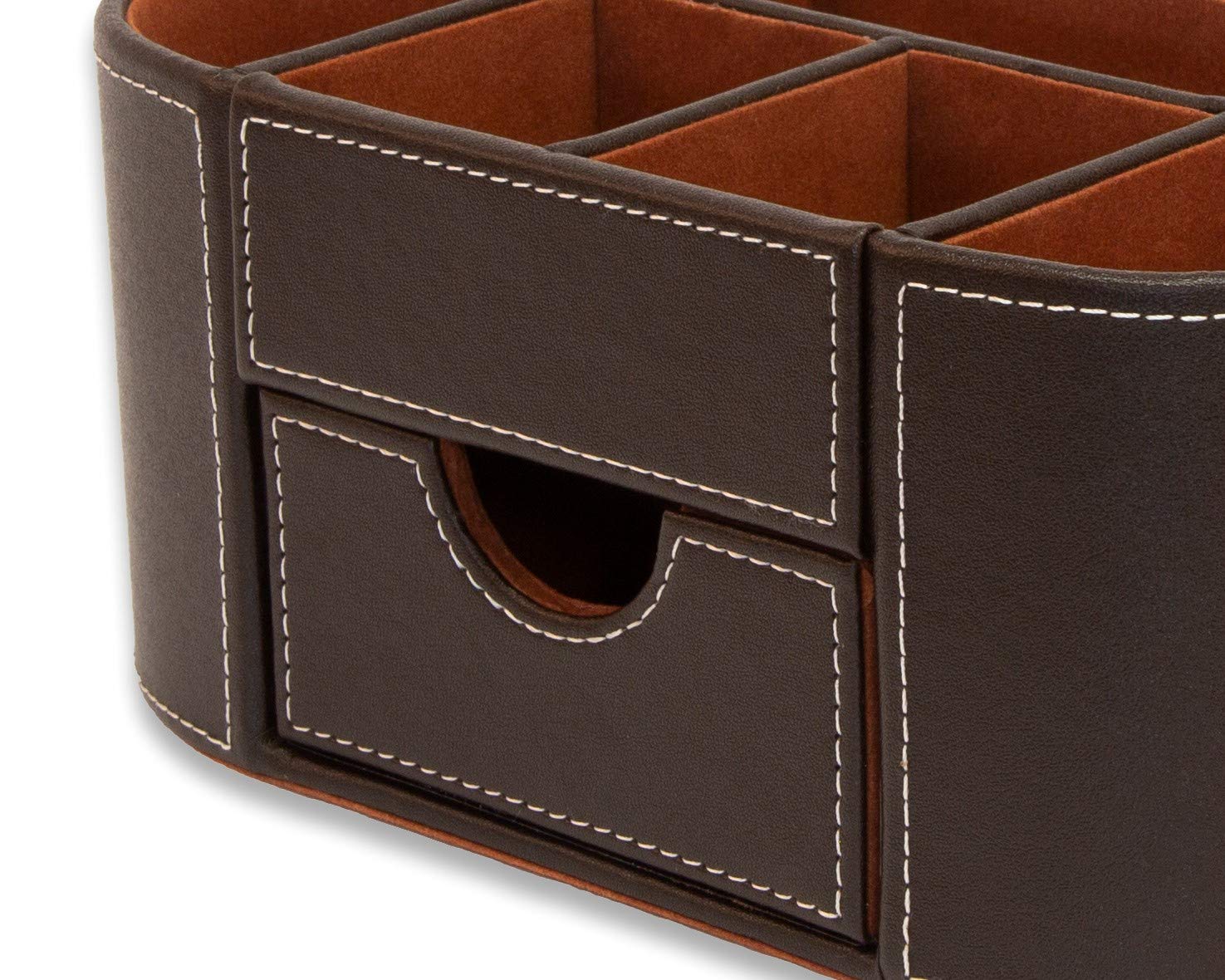 OSCO Organizer da scrivania in ecopelle marrone con cassetto, organizer da scrivania, portapenne, contenitore per trucchi, portapenne, 6 scomparti, contenitore per cancelleria, 10 x 23 x 12 cm