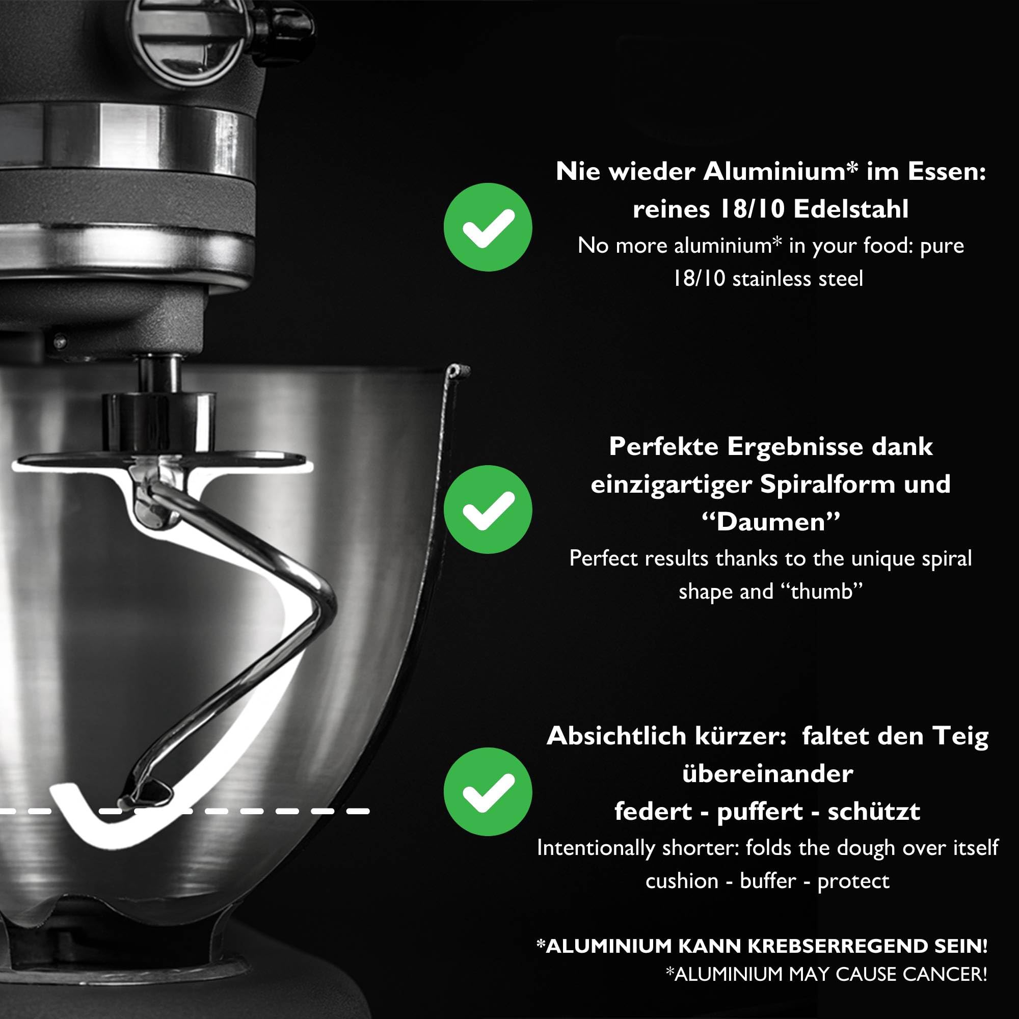 Kitty Professional Crochet de pétrissage pour robot de cuisine, en acier inoxydable compatibles avec les robots Kitchen Aid 4,3 L et 4,8 L | Résistant au lave-vaisselle