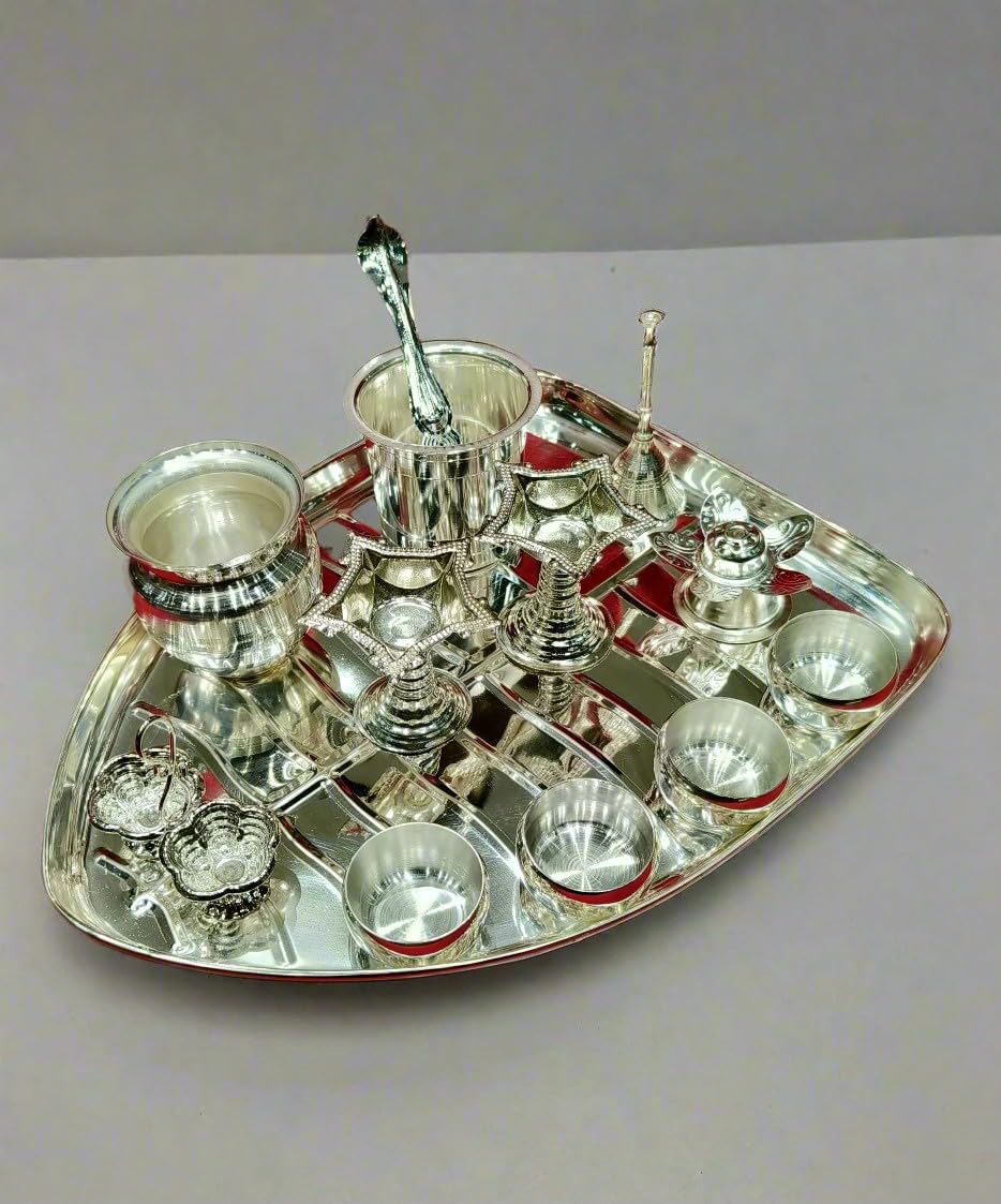 indiancraftbykanika Silver Plated Leaf Shape Pooja thali Set - 13 Pieces Set for Diwali/Housewarming Pooja