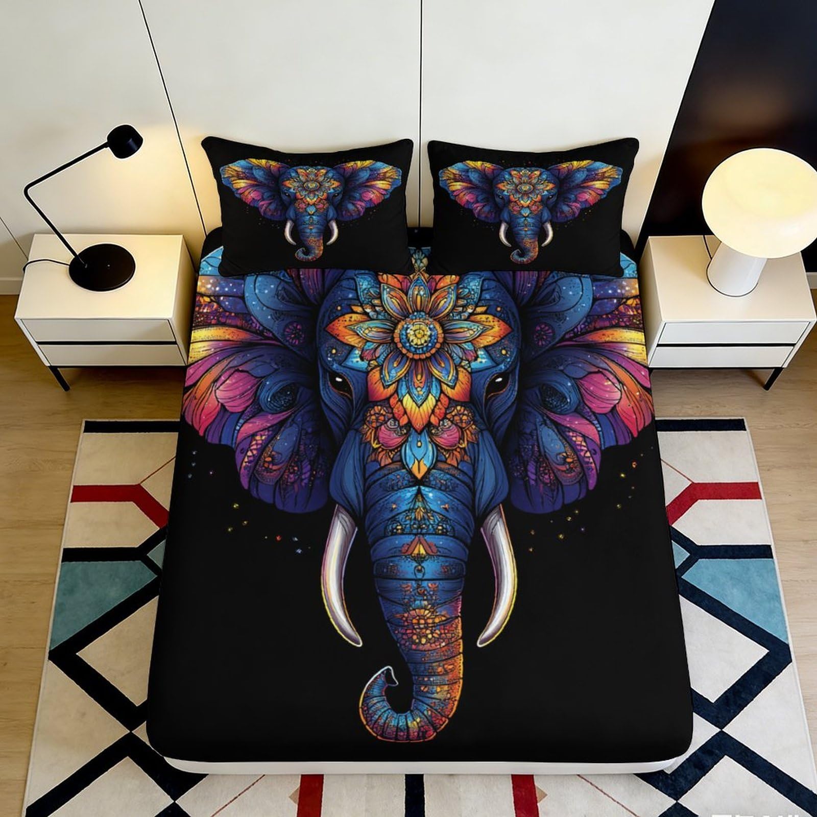 Pnayamiorkfel Style-9 3D Printed Mandala Elephant Fitted Sheet Microfiber Colourful Boho Animal Bed Cover For Bedroom Dorm Mattress Protection Decor 90X200x25cm