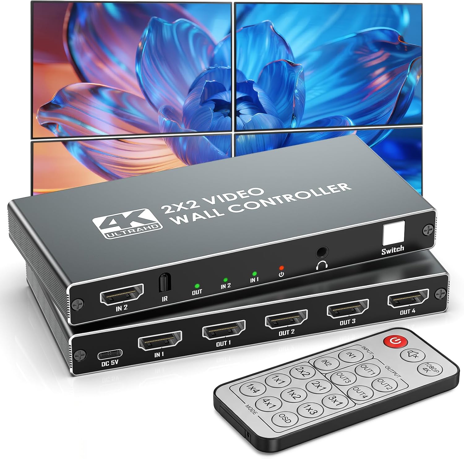 4K HDMl Video Wall Controller 2x2 Processor, Supports 2 HDMI Inputs