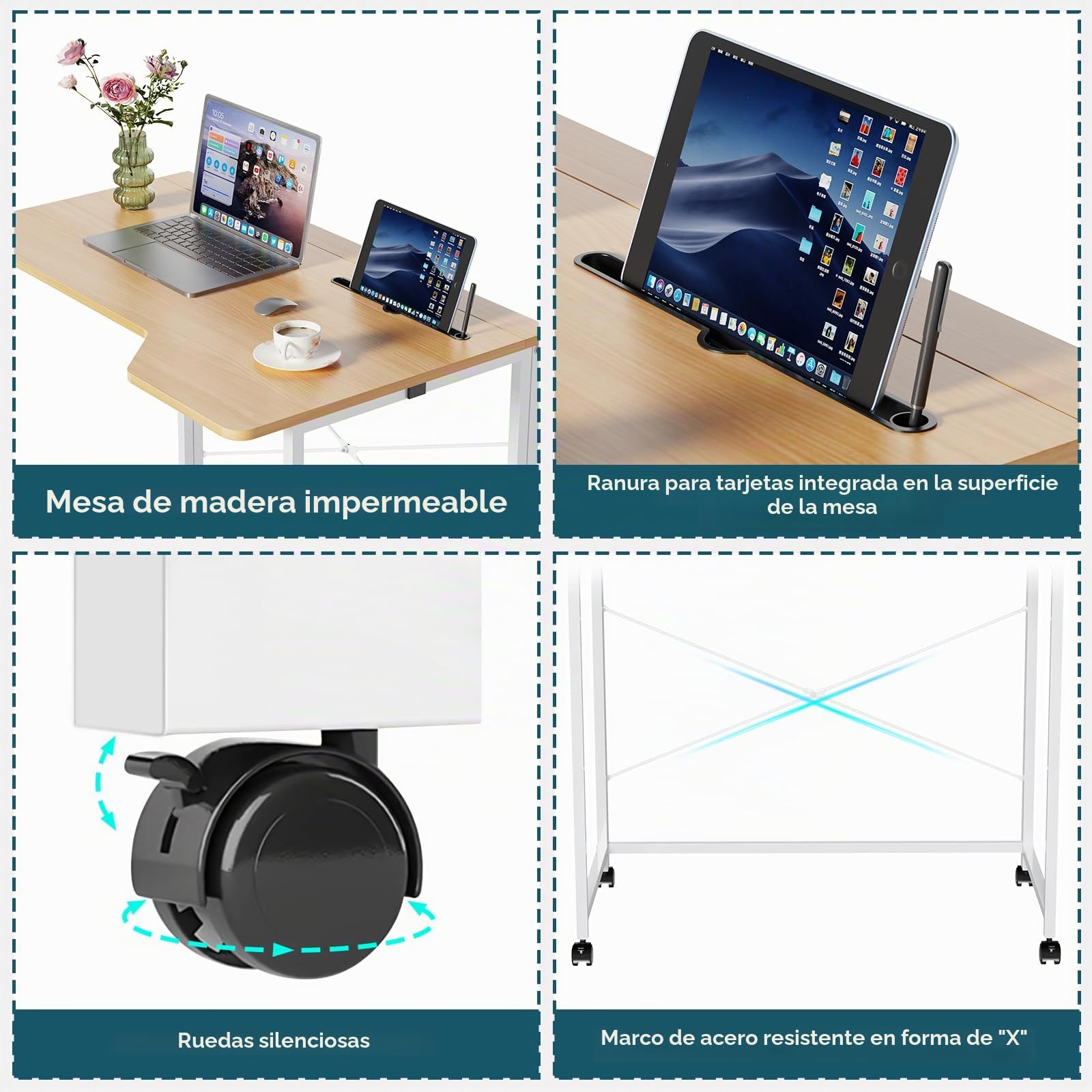 Escritorio Plegable con Ranura para Tablet y 4 Ruedas, 90x56x75cm, Mesa Plegable Escritorio para Ordenador pequeño Plegable, para estudiar, Trabajar, Dormitorio, Oficina en casa, Marrón
