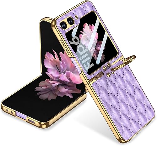 Miniatura 17 de SHIEID Z Flip 6 - Funda de piel para Galaxy Z Flip 6 con marco galvanizado, soporte de anillo, forro de esponja y diseño en forma de diamante para