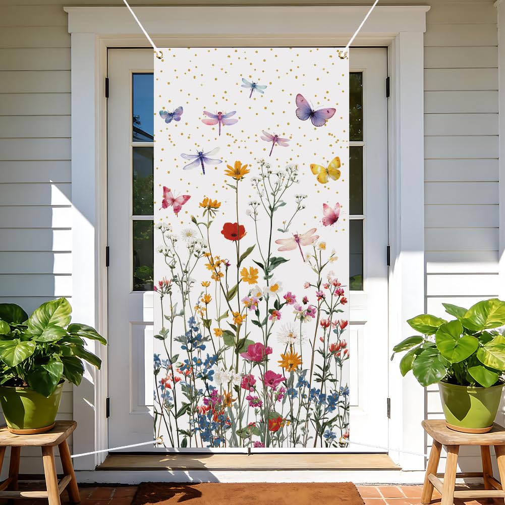 arricraft 1pc Flowers Theme Polyester Door Cover, 72.83"x35.43" Wild Flowers Butterfly Dragonfly Pattern Backdrop Banner Door Porch Sign Photography Background for Party Porch Home Decor Accessories