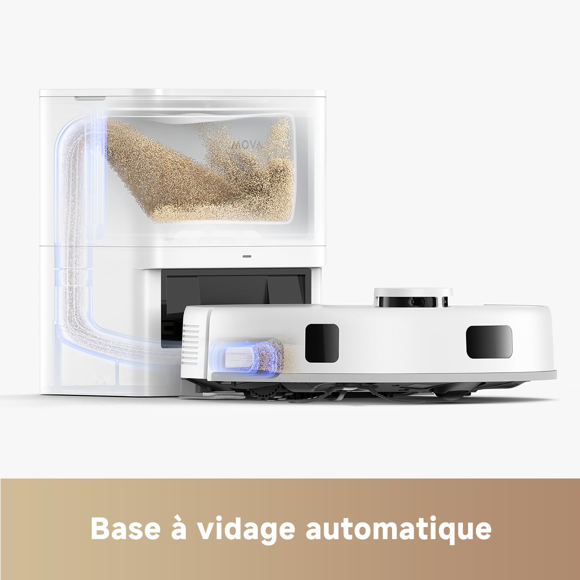 Mova E20 Plus Robot aspirateur Laveur avec Vidage Automatique, Auto-vidangeable Pendant 90 Jours, Navigation LDS, Puissance d'aspiration de 5 000 Pa, Aspirateur et Mop 2-en-1, Corps Compact
