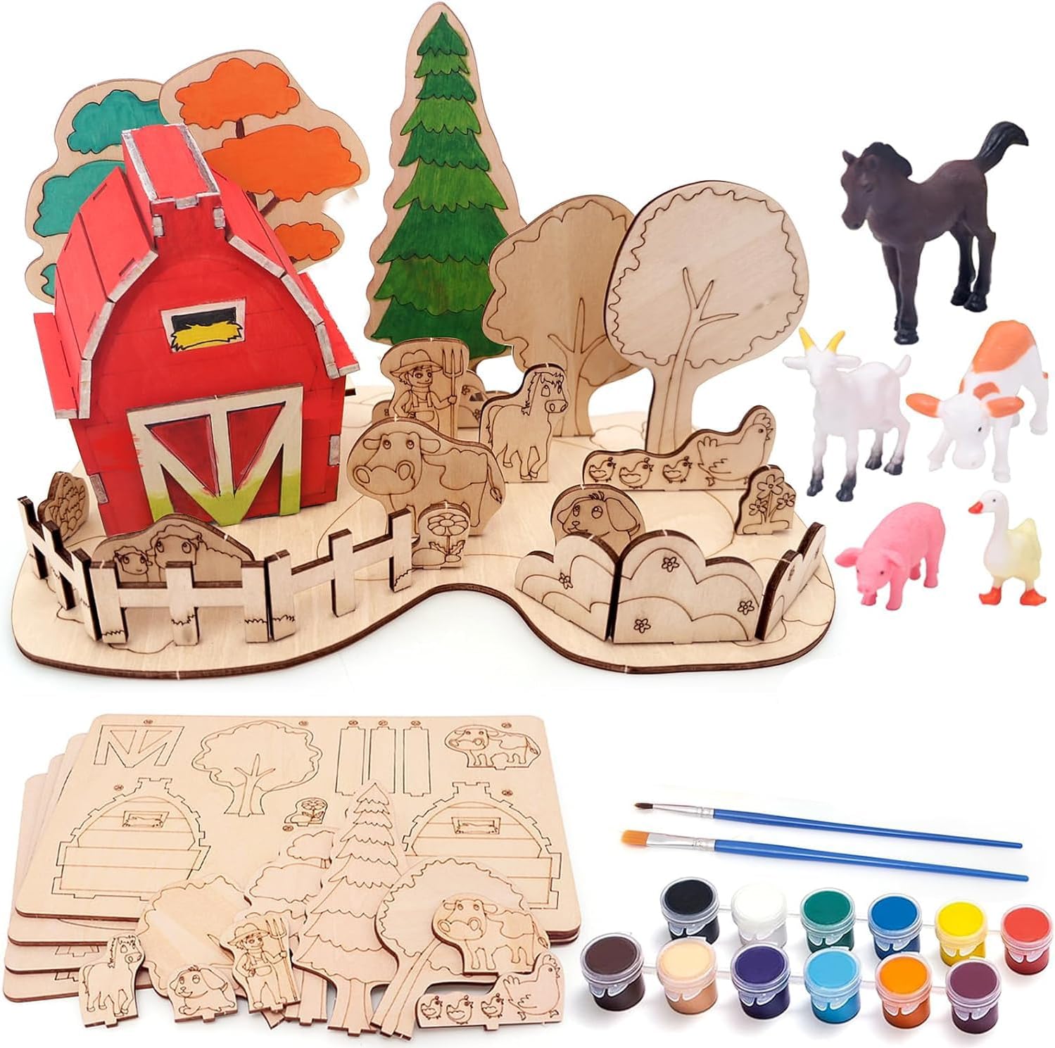 Wooden Arts and Crafts Kits for Kids Boys Girls Paint Your Own Farm Toys DIY Kids Activities Painting Kits Christmas Birthday Gift