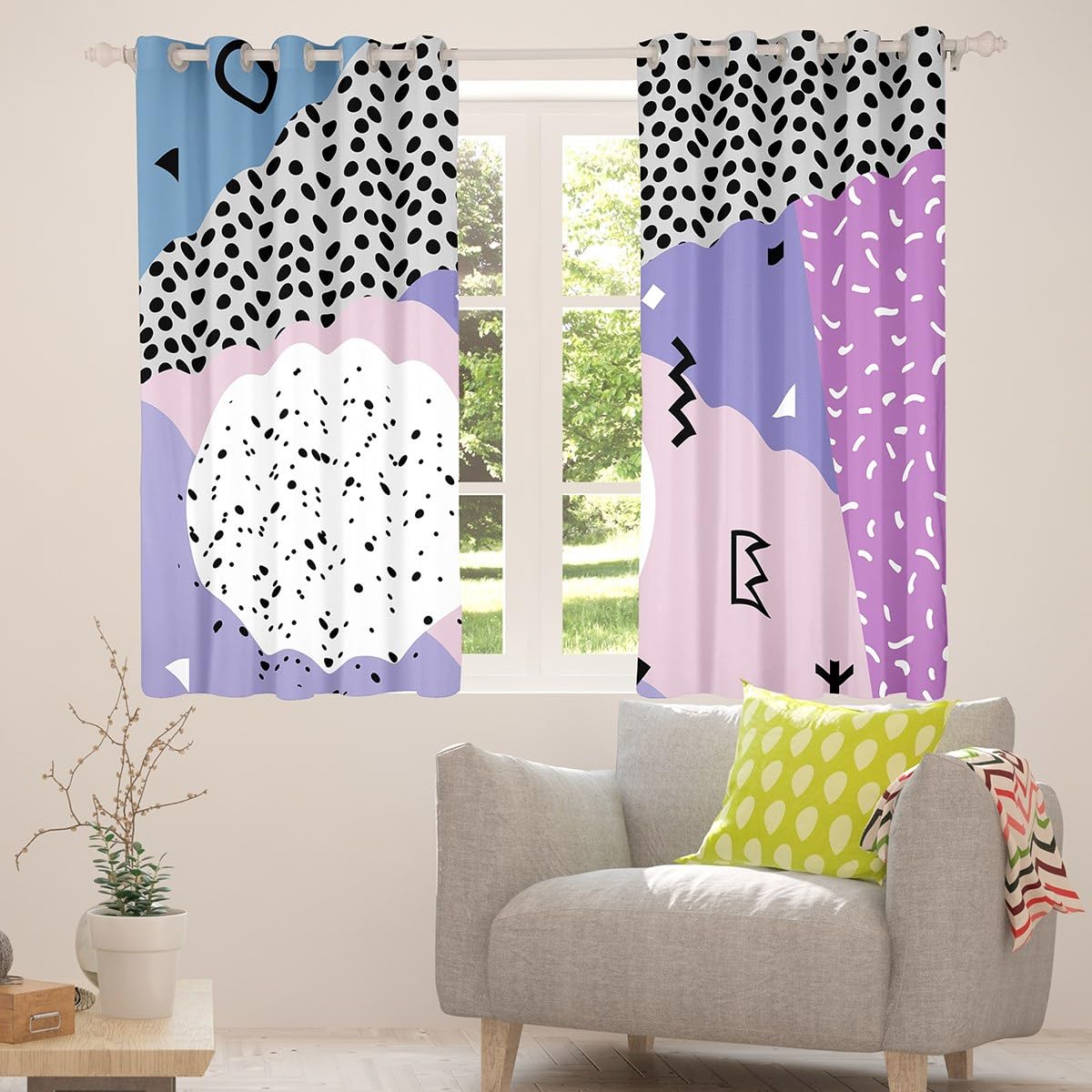 Manfei Memphis Blackout Curtain Abstract Geometric Retro Window Drapes for Kids Girls Room Decor 80s 90s Fashion Style Window Treatments Grommet Top 2 Panel Set Bedroom Curtains - Image 4
