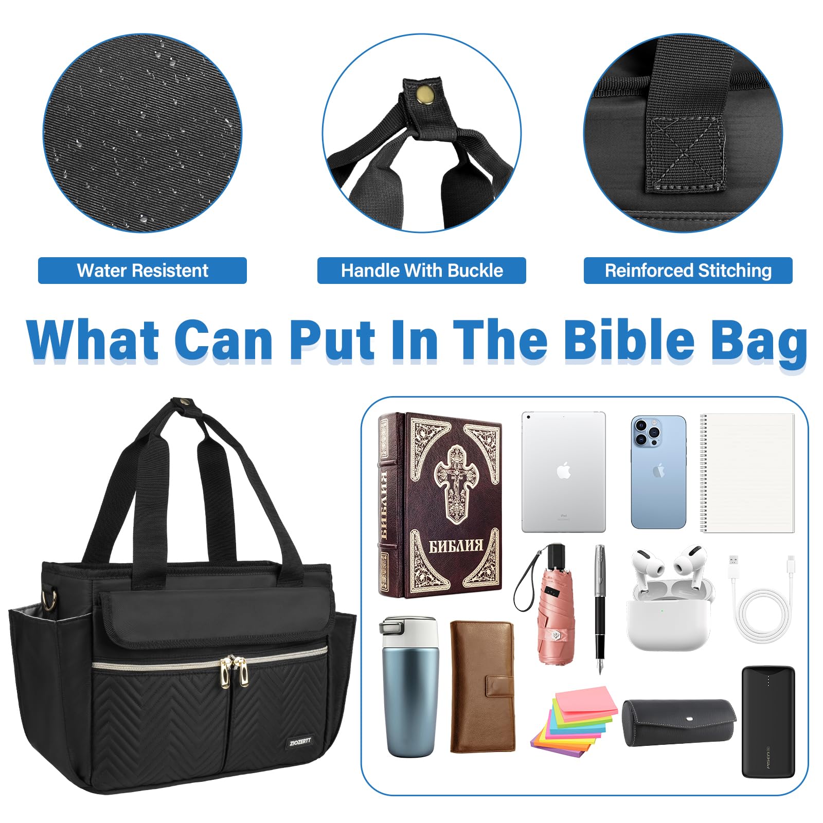 Bolsa de Biblia con funda para la Biblia para mujer, funda de transporte de la Biblia con correa para el hombro y múltiples bolsillos para accesorios de estudio bíblico, negro, solo bolsa