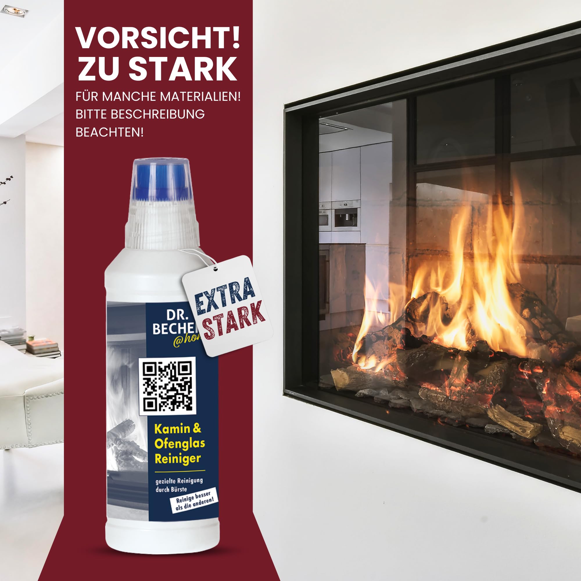 Vorteilspack Kamin & Ofenglas Reiniger - Entfernt zuverlässig eingebrannte Verkrustungen auf Glas, Edelstahl und Grillrosten - Integrierte Bürste für gezieltes Auftragen 8x 500ml