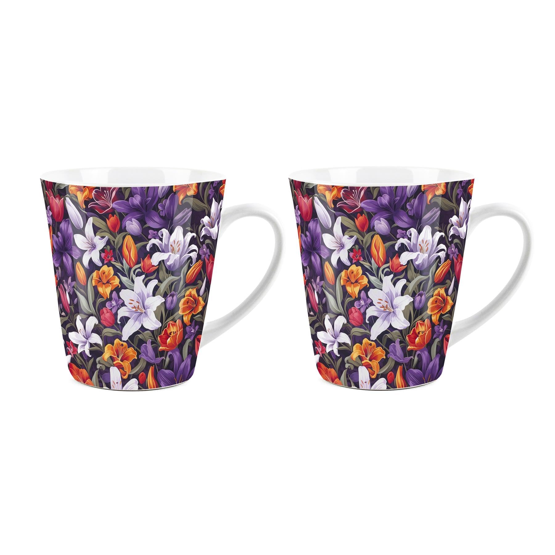 Purely Home Lily Flowers Small Latte Mugs Set - Purple & Orange Vibrant Floral Gift - Ceramic Cups Set of 2 Tea/Coffee Present