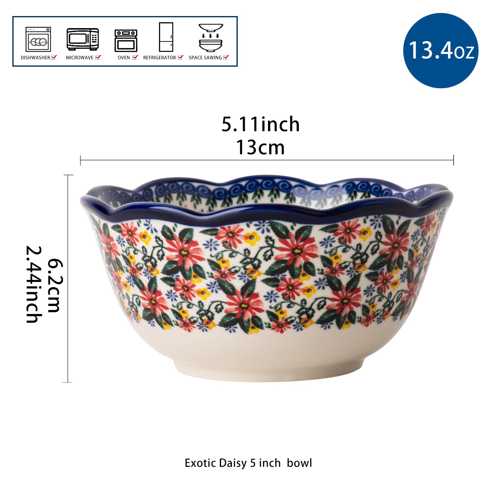 Müslischüssel-Set aus Porzellan, 12,7 cm, 4 Stück, für Dessert, Eis, Suppe, Reis, Obst, kleine Portionen, mikrowellen- und spülmaschinenfest, 380 ml, Vintageblau, exotisches Gänseblümchen
