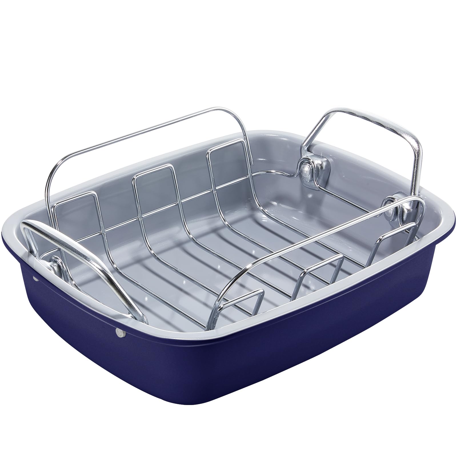 KITESSENSUNonstick Turkey Roasting Pan with Rack 17 x 14 inch - Large Chicken Roaster Pan for Oven - Wider Handles & Heavy Duty Construction - Suitable for 24lb Turkey, Navy