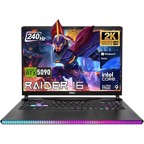 MSI Raider 16 HX AI 5090 Gaming Laptop, Intel Core Ultra 9 275HX, GeForce RTX 5090,16" WQXGA IPS 240Hz, 64GB DDR5, 2TB NVMe SSD, Per-Key RGB Backlit KB, Copilot, HDMI, Wi-Fi 7, Windows 11 Home