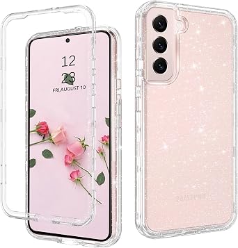 DUEDUE for Samsung Galaxy S22 6.1" 5G Case Glitter Full Body Protective 3 in 1 Heavy Duty Hybrid Hard PC Rugged Shockproof Women Girls Transparent Bling Sparkle Cover Phone Case for Samsung S22, Clear