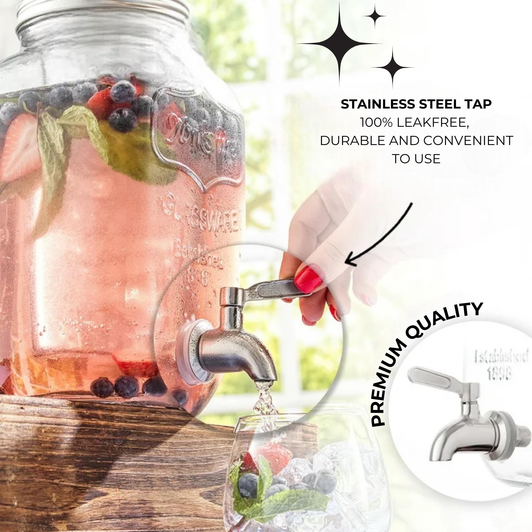 Distributeur de boissons avec robinet en inox - 4L - Support en métal noir finition bois - Style vintage - Pour toutes boissons froides