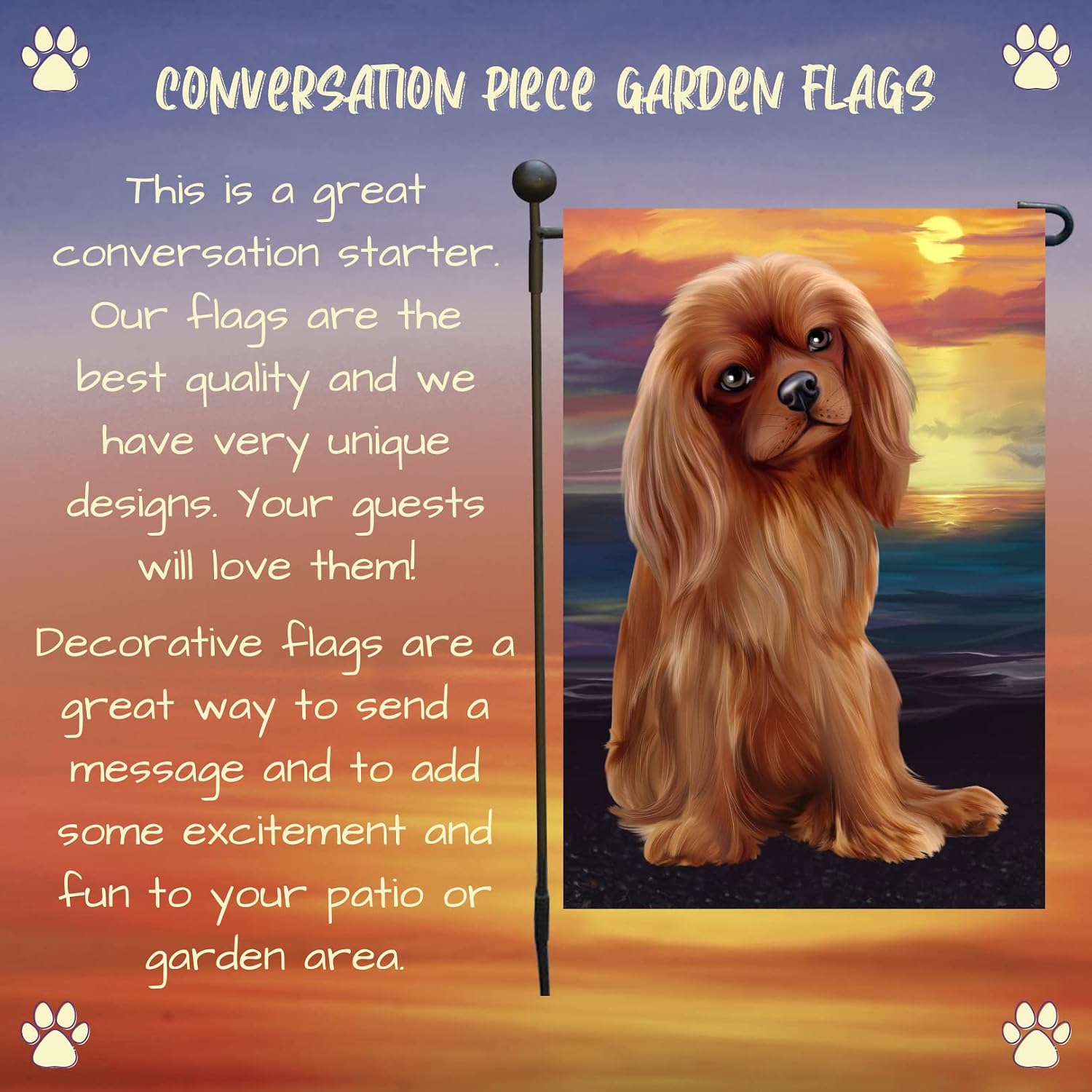 Doggie of the Day Sunset Cavalier King Charles Spaniel Dog Garden Flags- Outdoor Double Sided Garden Yard Porch Lawn Spring Decorative Vertical Home Flags 12 1/2"w x 18"h - GFLAG61890