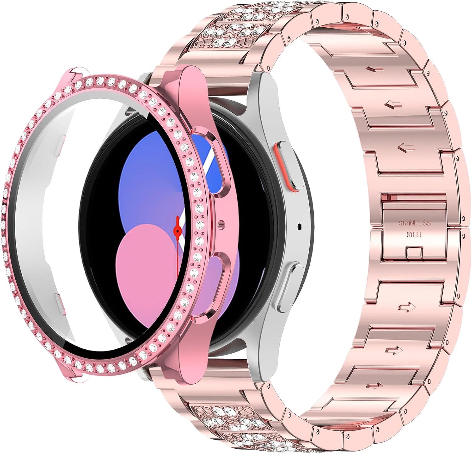 Bling Metal Watch Band with Rhinestone Case Compatible for Samsung Galaxy Watch 5 40mm 44mm, Jewelry Style Replacement Strap for Women Men