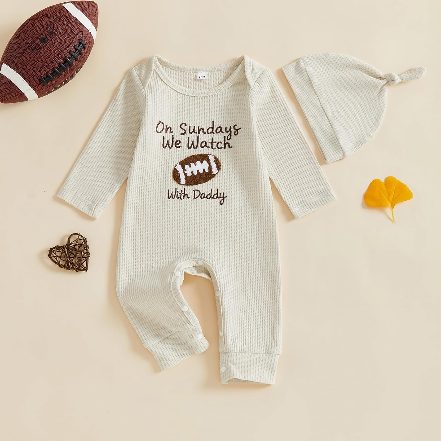 MERSARIPHY Infant Baby Boy Girl Football Outfit On Sundays We Watch Football With Daddy Football Season Romper Jumpsuit + Hat - Image 3