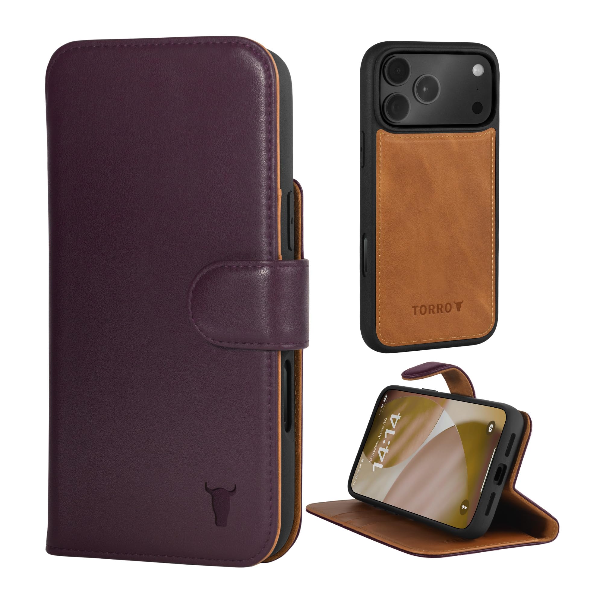 TORRO Etui skórzane kompatybilne z iPhone 17 Pro - skórzane etui bumper z odpinanym etui portfelowym ze stojakiem i przegródkami (kompatybilne z oficjalnymi ładowarkami MagSafe) - Ciemna Wiśnia