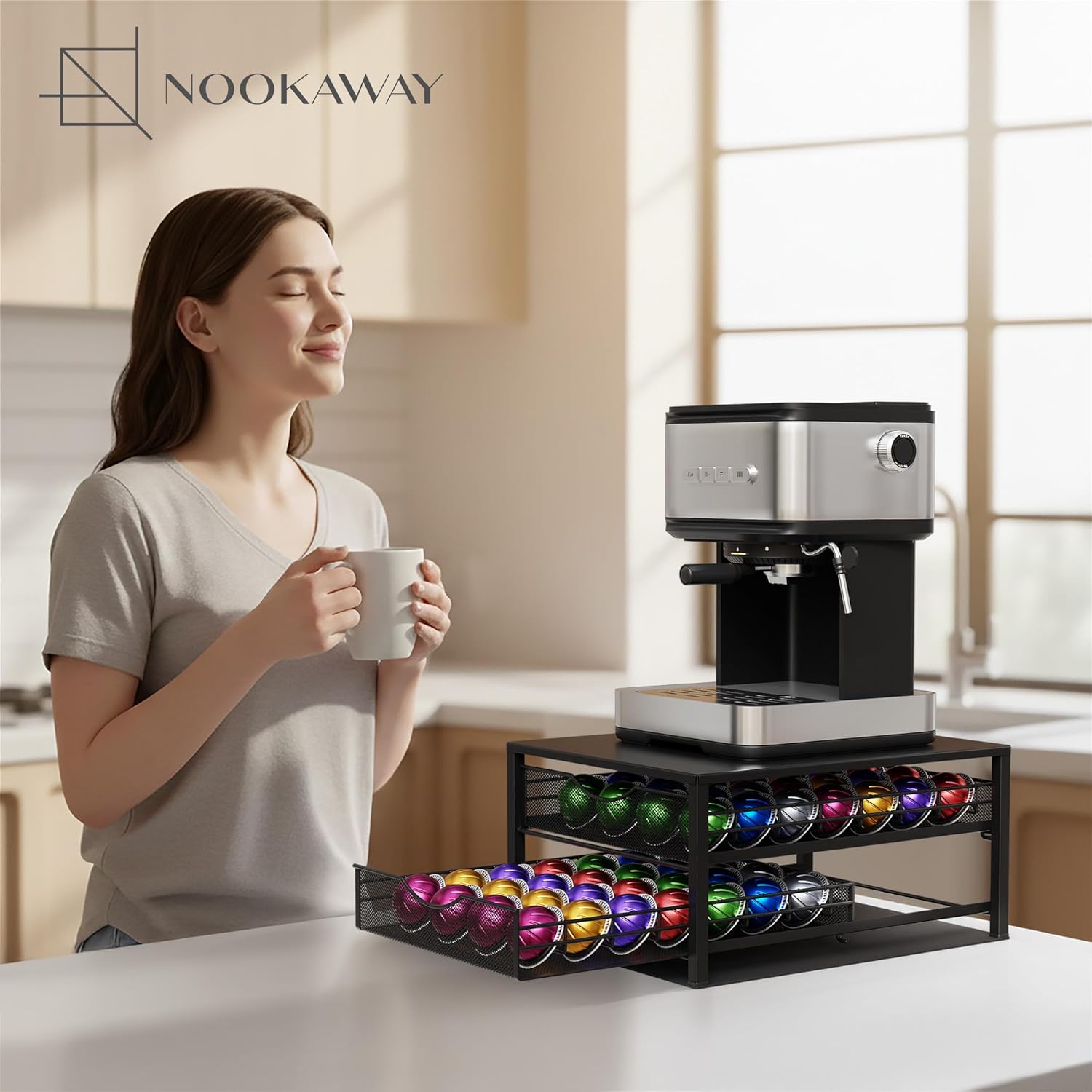 Coffee Pod Holders Drawer - 2 Tier K-Cup Holder Drawer with 56 Pod Cap, Kcup Storage Nonslip Rubber Mat - Dual Sliding K Cup Organizer for Countertop, Nespresso Pods Holder for Home Office