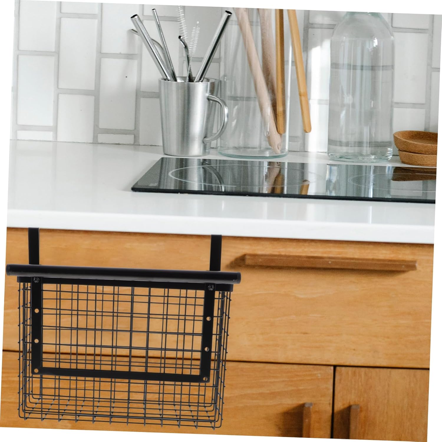 Hanging Wire Basket for Cabinet Door Space Saving Kitchen Vegetable Holder Easy Install Over Door Organizer for Spices and Daily Essentials Design for Home Office Bathroom and