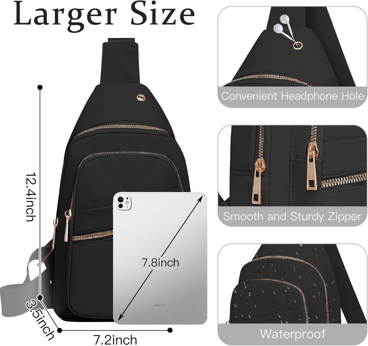 Small RFID Waterproof Travel Crossbody Sling Bags for Women Men, Black Hands Free Lightweight Sling Backpack Chest Bag Daypack for Outdoors Hiking Traveling Fitness Daily Commuting Shopping - Image 5