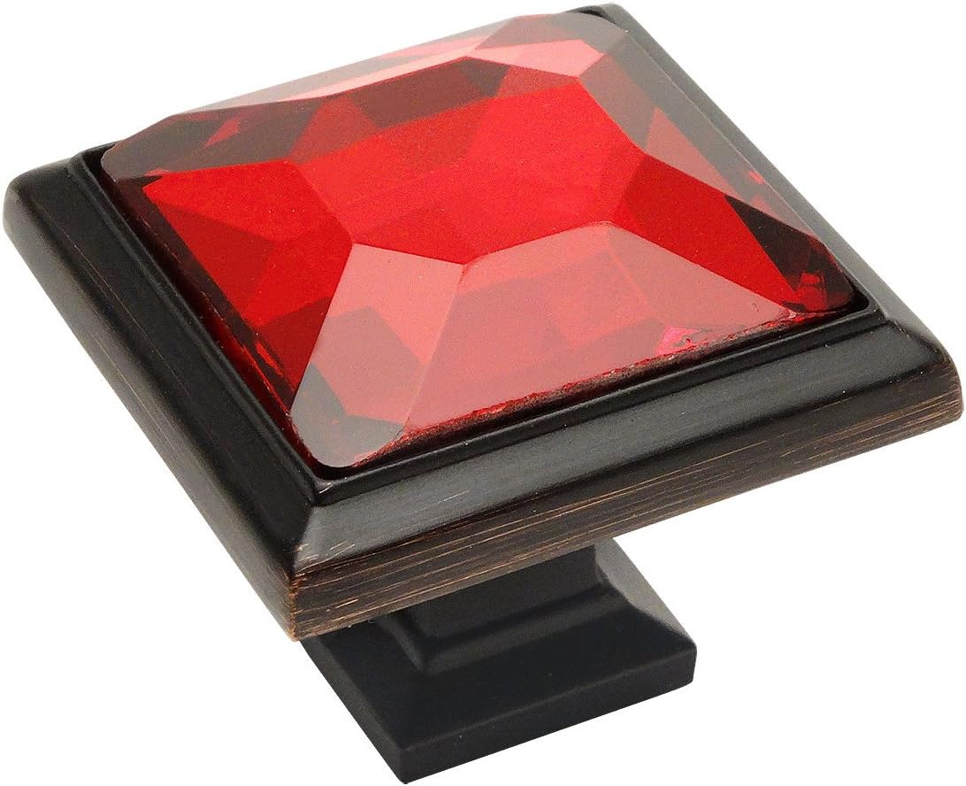 Cosmas 5883ORB-R Oil Rubbed Bronze Cabinet Hardware Square Knob with Red Glass - 1-1/4" Square