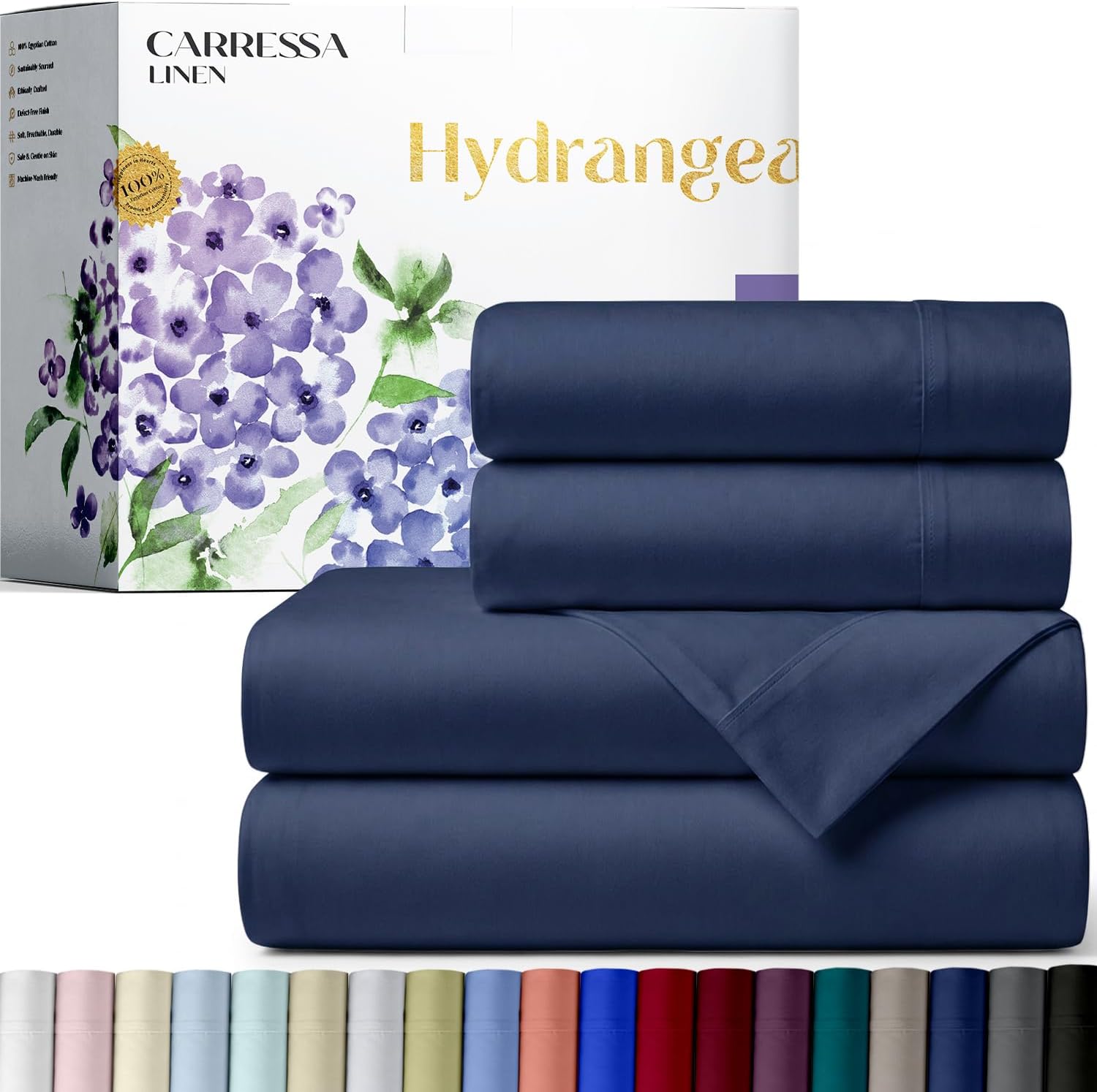 Carressa Linen 600 Series Queen Size Sheets Set, 16" Deep Pocket, Navy Blue