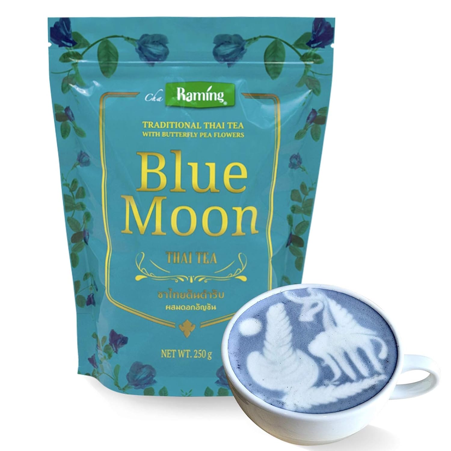 Raming Blue Moon Thai tea mix, loose leaf Assam &amp; Butterfly pea flower, all natural, no dye, makes Thai iced tea, boba tea - Original Thailand,