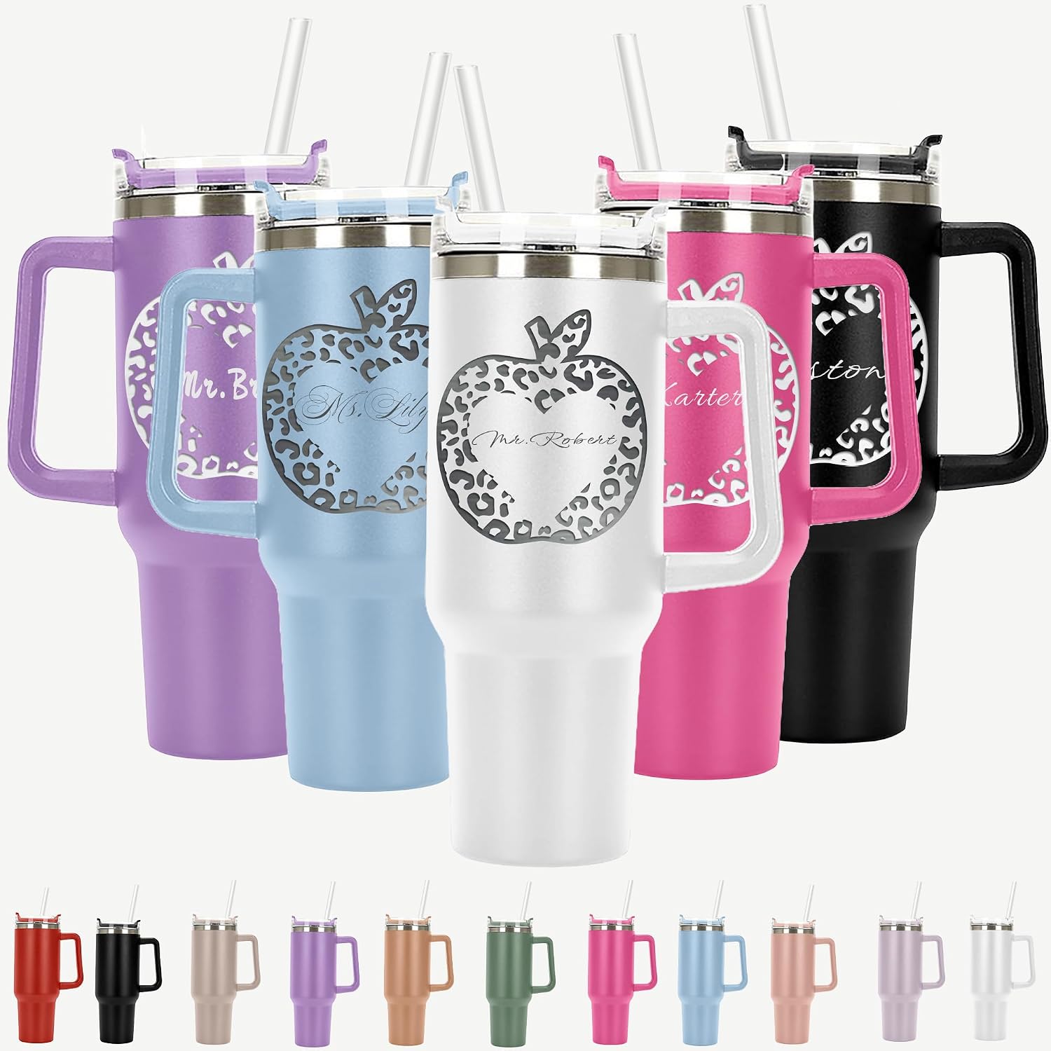 Monogram Apple Name Personalized Laser Engraved 40 oz Large Tumbler with Handle, Straw and Lid, Teacher Gifts, Best Teacher Gifts from Student, Teacher Stainless Steel Insulated Cup