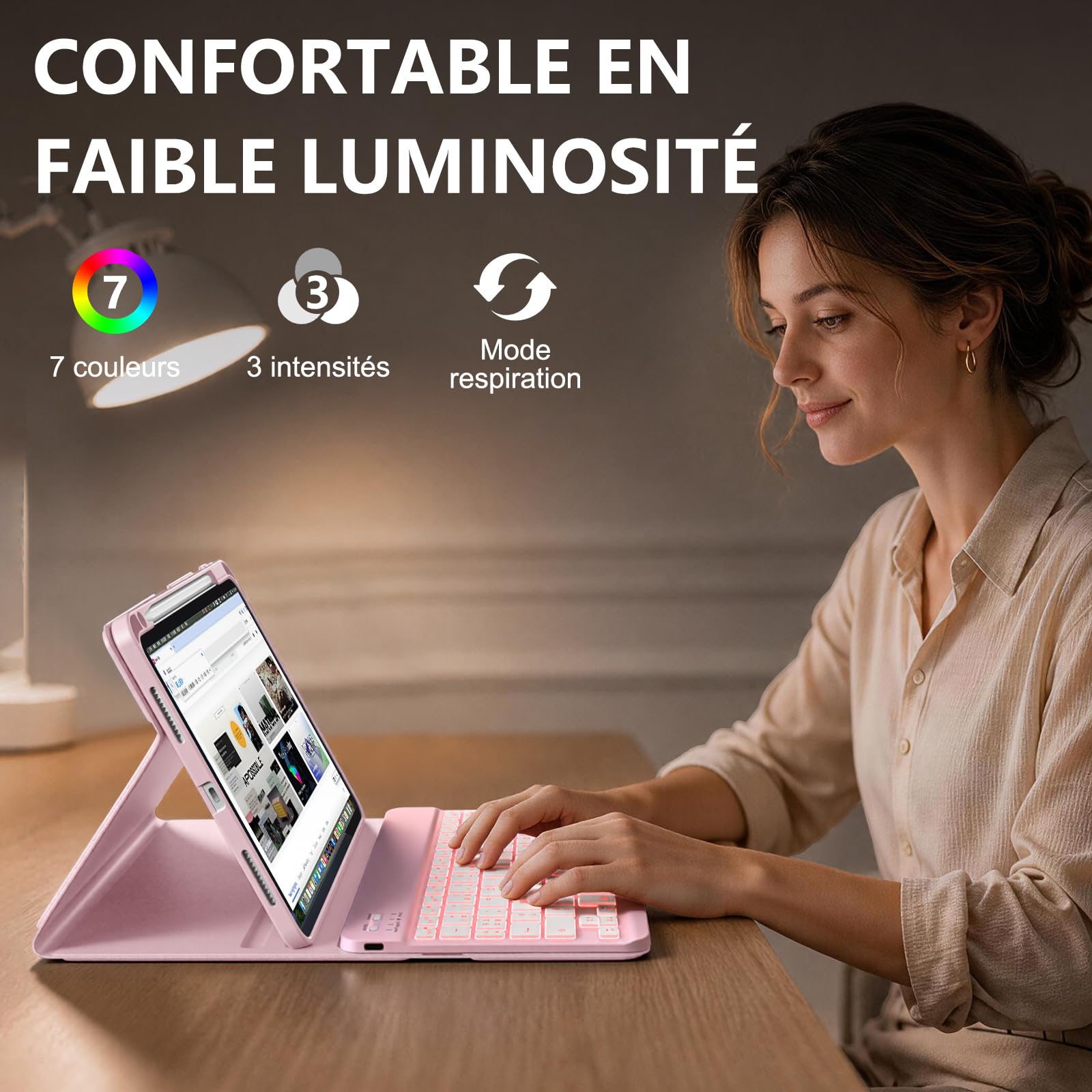 Coque Clavier pour iPad Air 11 Pouces (M4 2026/M3 2025/M2 2024), Étui Keyboard pour Air 4/5ème Génération 2020 2022 avec Rétroéclairage à 7 Couleurs et Porte-Crayon, Clavier AZERTY, Rose